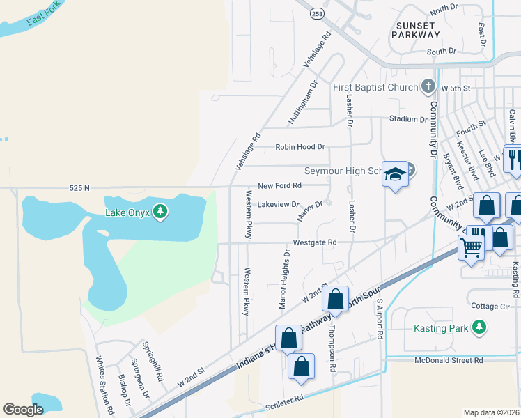 map of restaurants, bars, coffee shops, grocery stores, and more near 1551 West Lakeview Drive in Seymour