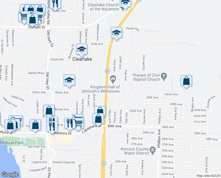 map of restaurants, bars, coffee shops, grocery stores, and more near 15500 Davis Avenue in Clearlake