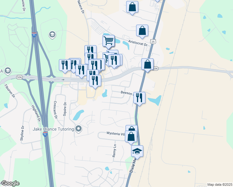 map of restaurants, bars, coffee shops, grocery stores, and more near 141 Beeson Drive in Florence