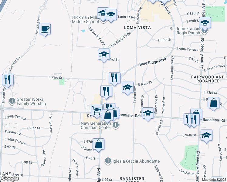 map of restaurants, bars, coffee shops, grocery stores, and more near 9400 Bristol Avenue in Kansas City