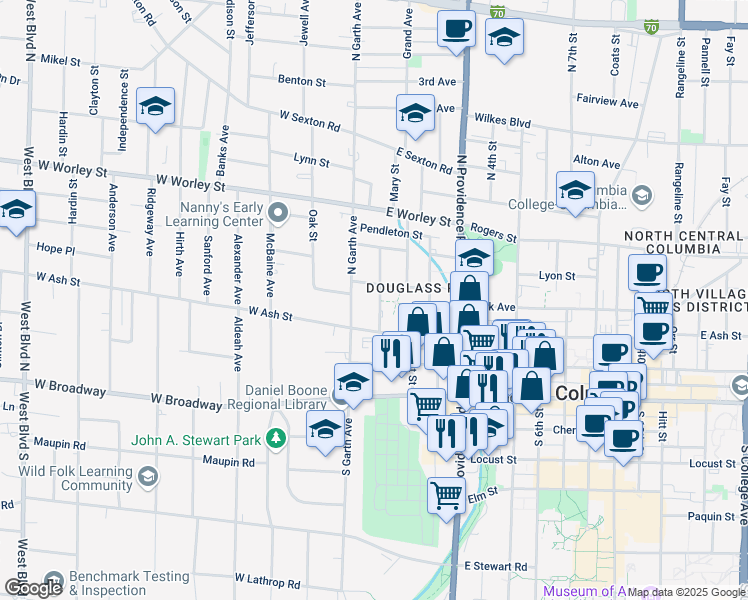 map of restaurants, bars, coffee shops, grocery stores, and more near 212 North Garth Avenue in Columbia