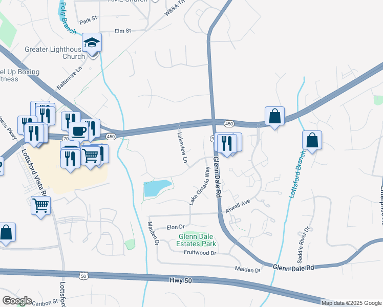 map of restaurants, bars, coffee shops, grocery stores, and more near 11103 Saranac Station Road in Bowie
