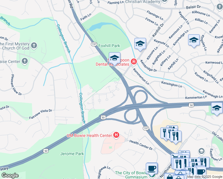 map of restaurants, bars, coffee shops, grocery stores, and more near 14902 London Lane in Bowie