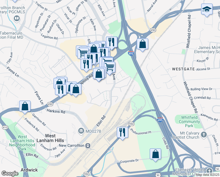 map of restaurants, bars, coffee shops, grocery stores, and more near 5454 85th Avenue in New Carrollton