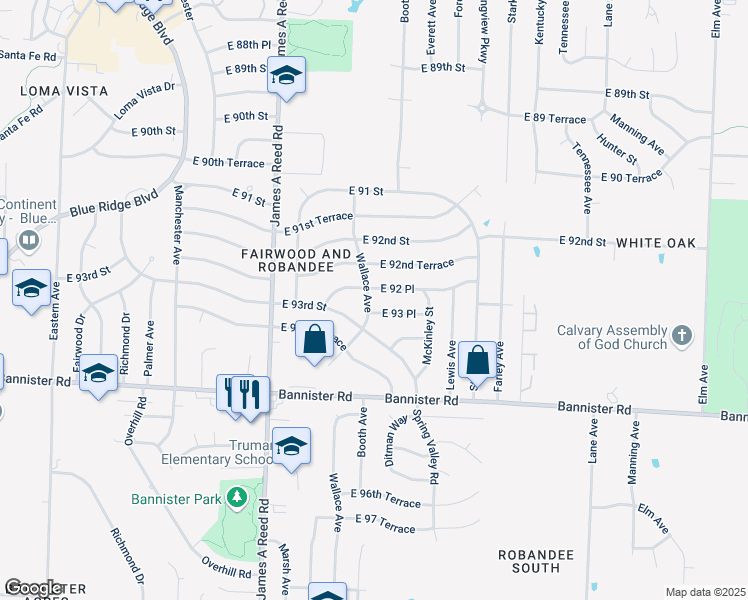 map of restaurants, bars, coffee shops, grocery stores, and more near 9213 Wallace Avenue in Kansas City