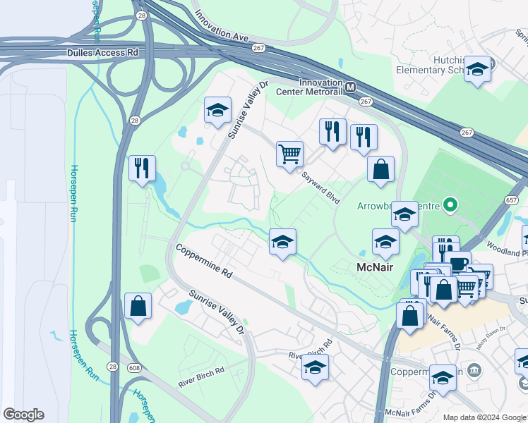 map of restaurants, bars, coffee shops, grocery stores, and more near 2431 Little Current Drive in Herndon