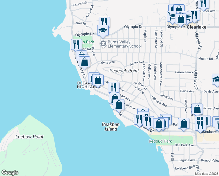 map of restaurants, bars, coffee shops, grocery stores, and more near 14320 Pearl Avenue in Clearlake
