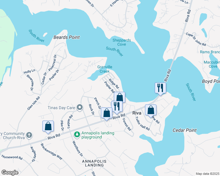 map of restaurants, bars, coffee shops, grocery stores, and more near 103 Poplar Road in Riva