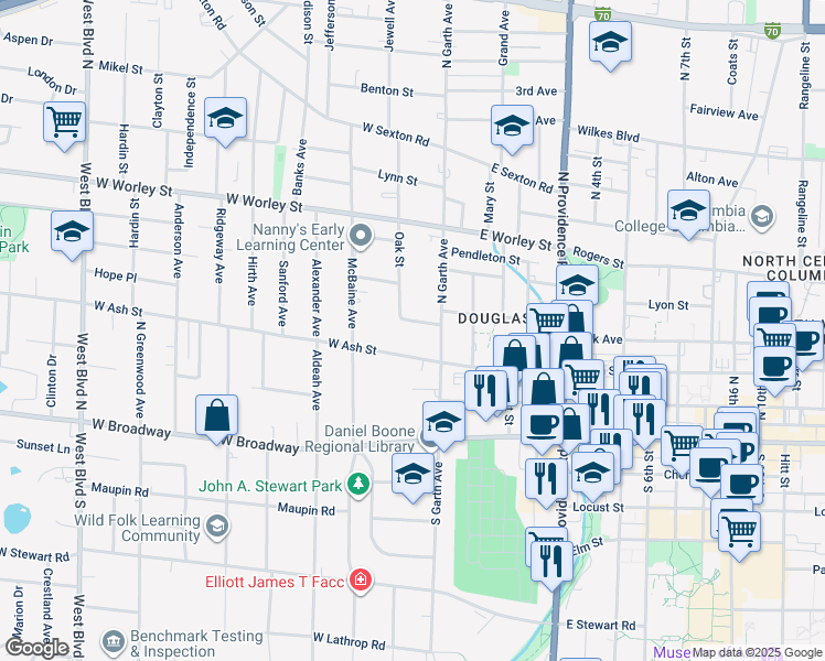 map of restaurants, bars, coffee shops, grocery stores, and more near 112 Oak Street in Columbia