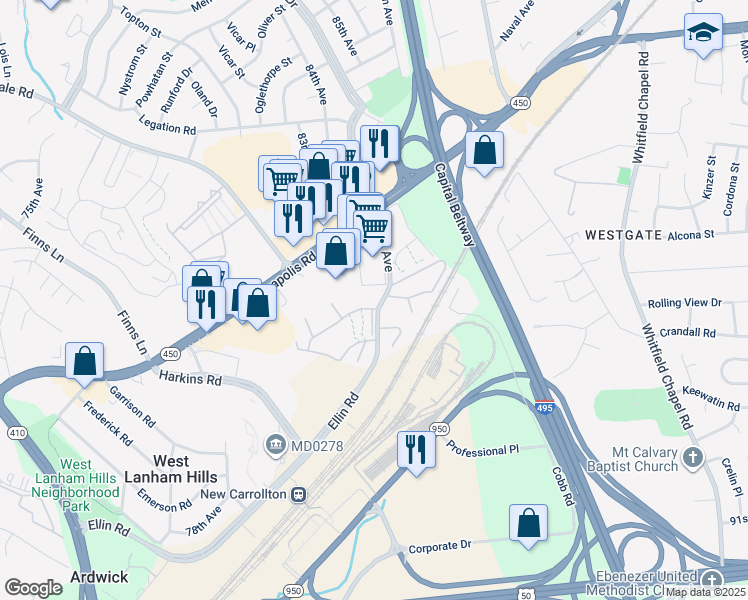 map of restaurants, bars, coffee shops, grocery stores, and more near 5454 85th Avenue in New Carrollton