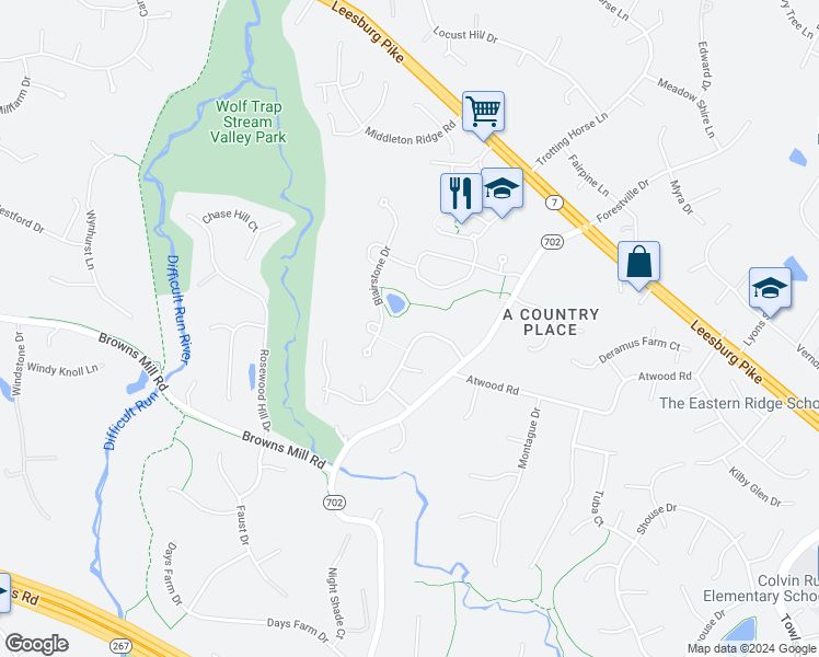 map of restaurants, bars, coffee shops, grocery stores, and more near 9712 Spring Ridge Lane in Vienna