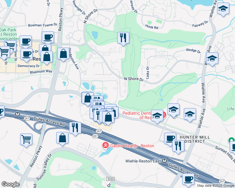 map of restaurants, bars, coffee shops, grocery stores, and more near 11646 American Dream Way in Reston