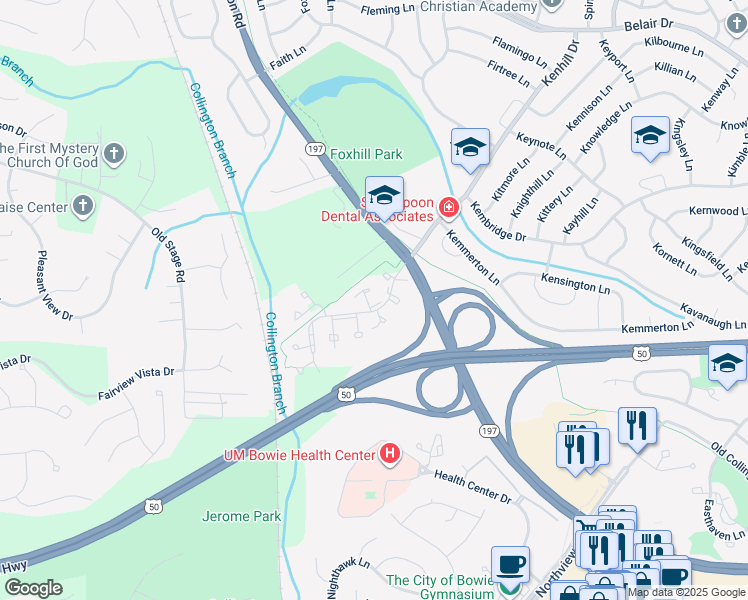 map of restaurants, bars, coffee shops, grocery stores, and more near 14582 London Lane in Bowie