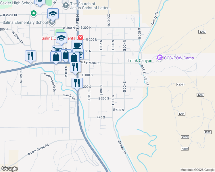 map of restaurants, bars, coffee shops, grocery stores, and more near 198 South 300 East in Salina