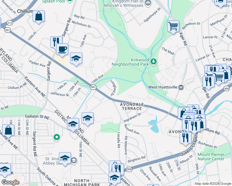 map of restaurants, bars, coffee shops, grocery stores, and more near 101 Independence Avenue Southeast in Washington