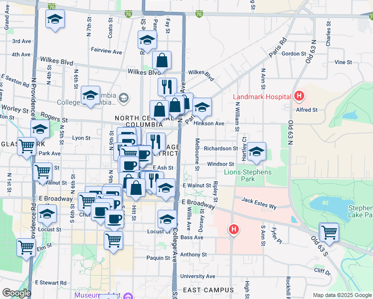map of restaurants, bars, coffee shops, grocery stores, and more near 301 Melbourne Street in Columbia