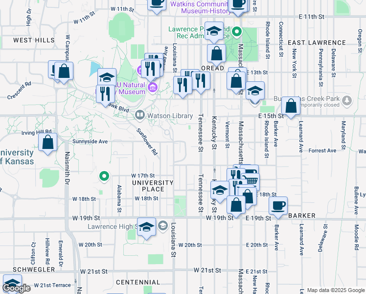 map of restaurants, bars, coffee shops, grocery stores, and more near 1601-1625 Edgehill Rd in Lawrence