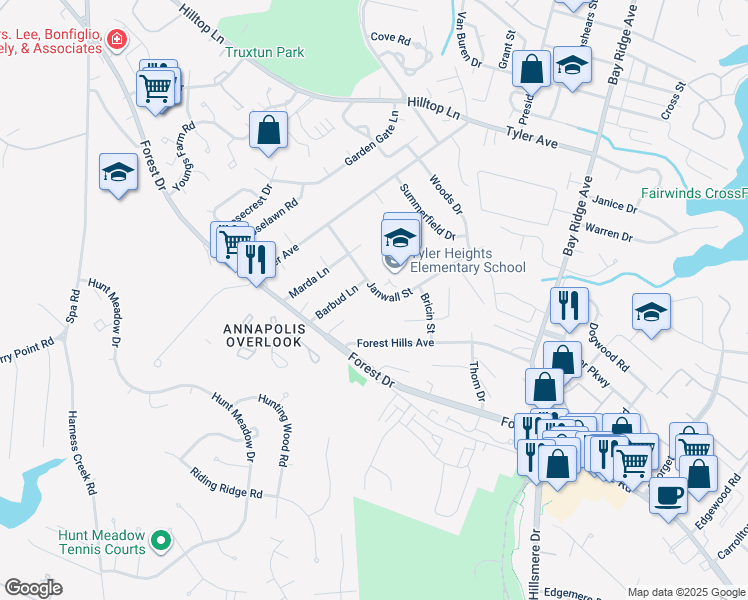 map of restaurants, bars, coffee shops, grocery stores, and more near 4 Janwall Court in Annapolis