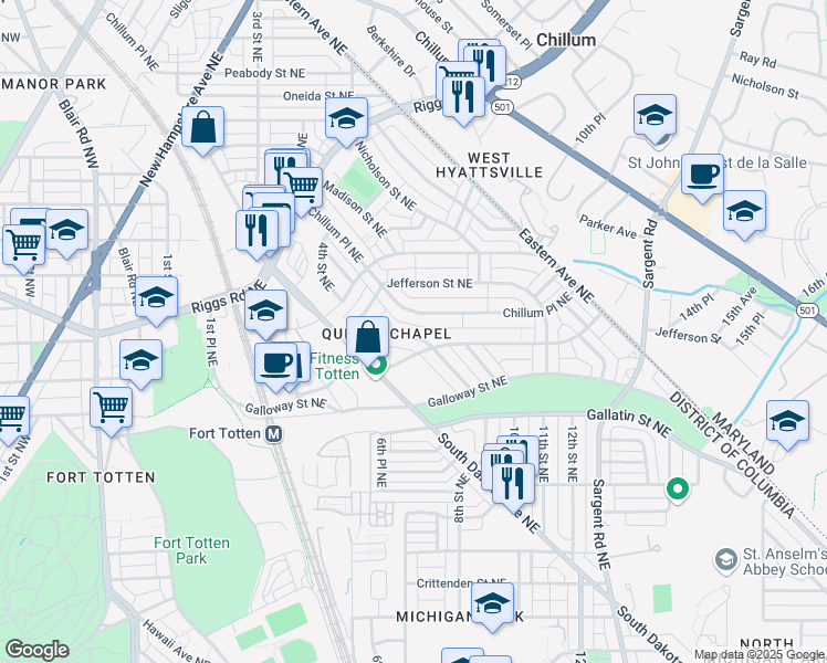map of restaurants, bars, coffee shops, grocery stores, and more near 560 Ingraham Street Northeast in Washington