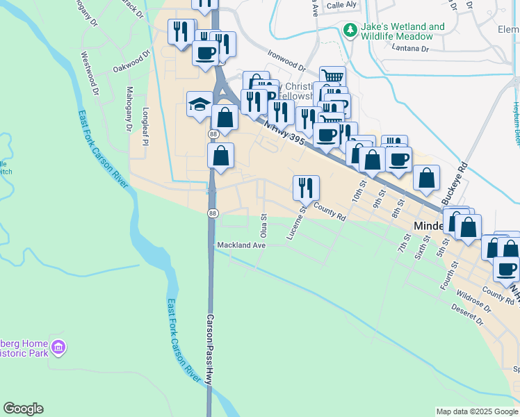 map of restaurants, bars, coffee shops, grocery stores, and more near 1626 Olua Street in Minden