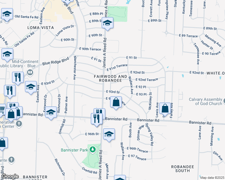 map of restaurants, bars, coffee shops, grocery stores, and more near 9215 Marsh Avenue in Kansas City