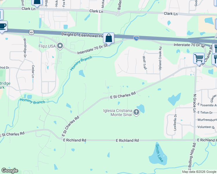 map of restaurants, bars, coffee shops, grocery stores, and more near 4515 Saint Charles Road in Columbia