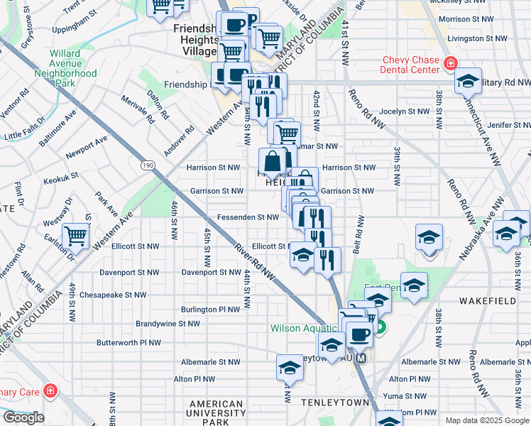 map of restaurants, bars, coffee shops, grocery stores, and more near 4319 Fessenden Street Northwest in Washington