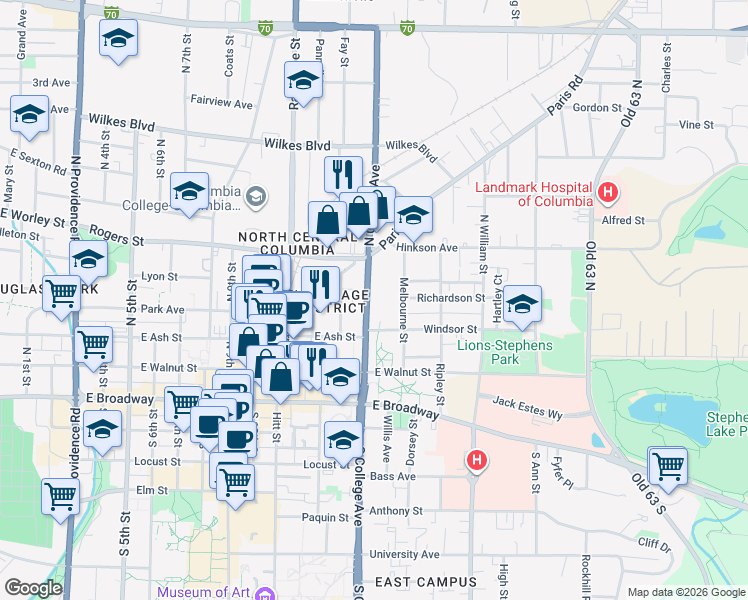 map of restaurants, bars, coffee shops, grocery stores, and more near 306 North College Avenue in Columbia