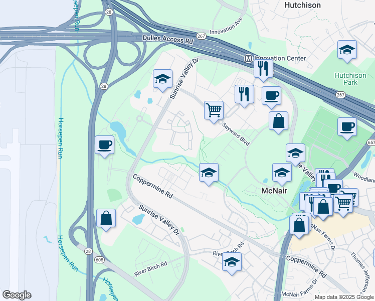 map of restaurants, bars, coffee shops, grocery stores, and more near 2436 Little Current Drive in Herndon