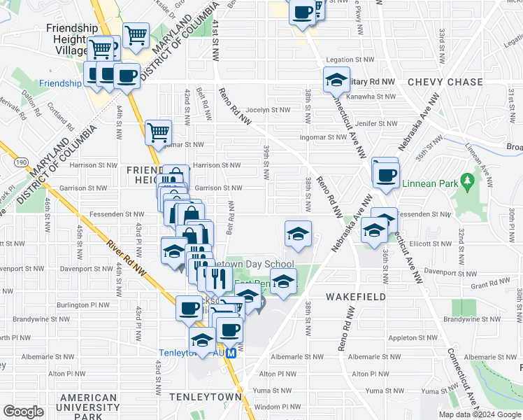 map of restaurants, bars, coffee shops, grocery stores, and more near 3901 Fessenden Street Northwest in Washington
