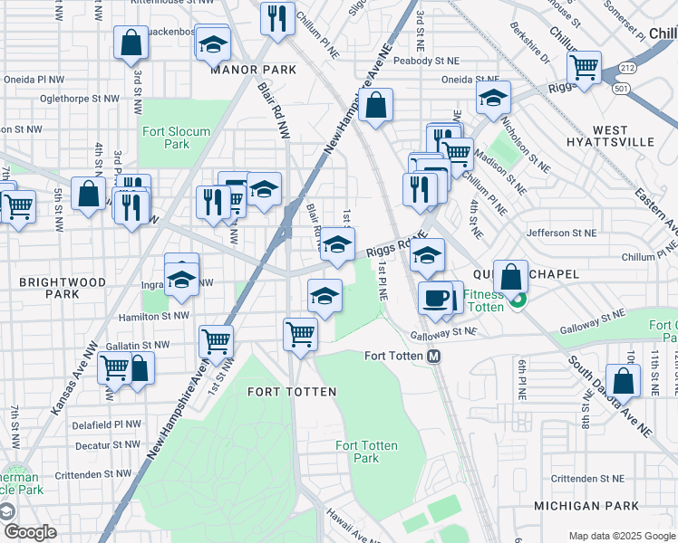 map of restaurants, bars, coffee shops, grocery stores, and more near 33 Riggs Road Northeast in Washington