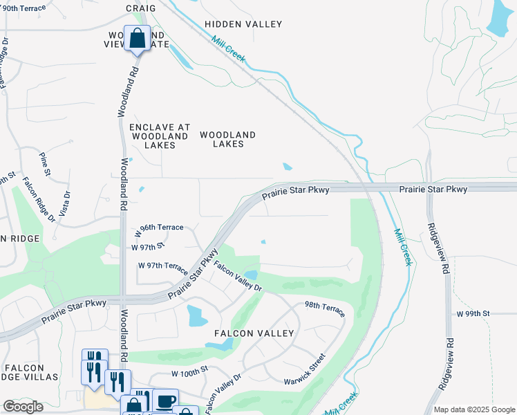 map of restaurants, bars, coffee shops, grocery stores, and more near 19151 Prairie Star Parkway in Lenexa