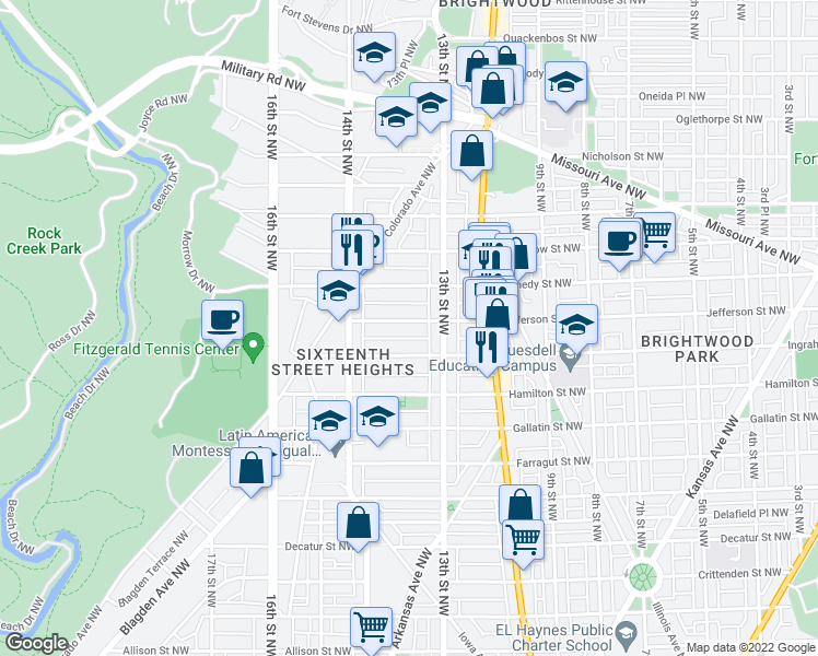map of restaurants, bars, coffee shops, grocery stores, and more near 1334 Jefferson Street Northwest in Washington