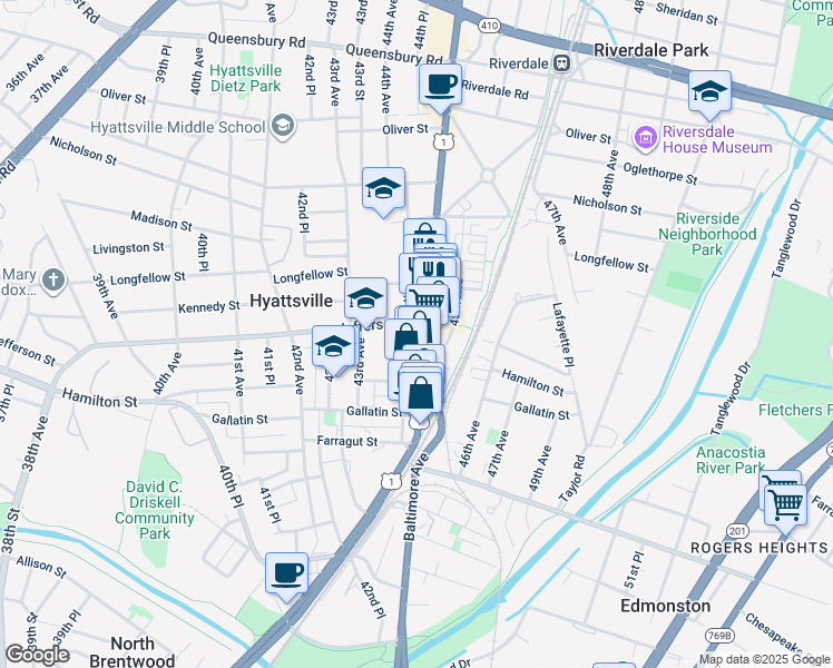 map of restaurants, bars, coffee shops, grocery stores, and more near 5334 Baltimore Avenue in Hyattsville