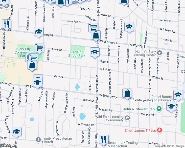 map of restaurants, bars, coffee shops, grocery stores, and more near 114 Clinton Drive in Columbia