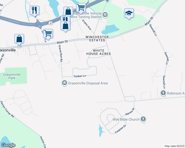 map of restaurants, bars, coffee shops, grocery stores, and more near 261 Timber Lane in Grasonville