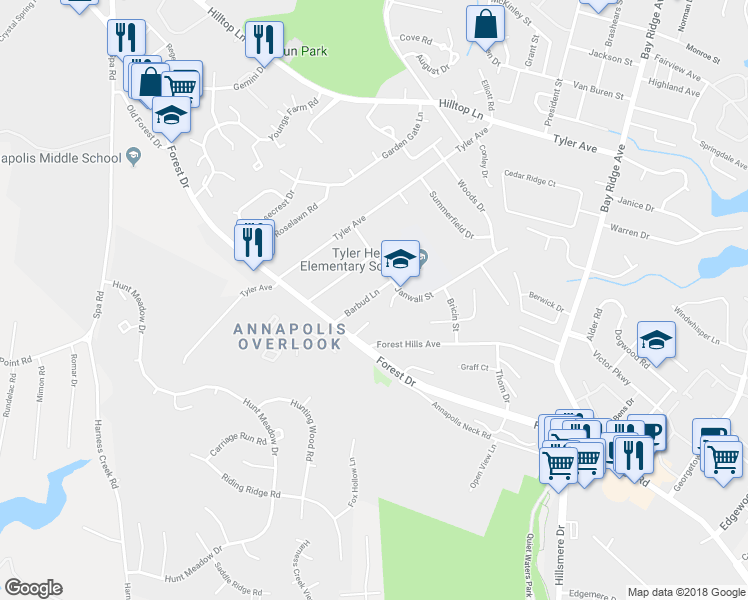 map of restaurants, bars, coffee shops, grocery stores, and more near 1207 Barbud Lane in Annapolis
