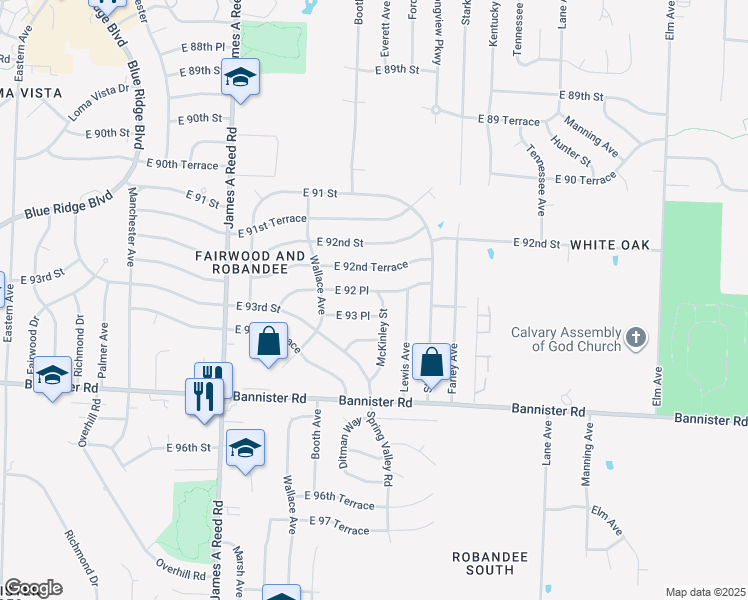 map of restaurants, bars, coffee shops, grocery stores, and more near 9218 McKinley Street in Kansas City