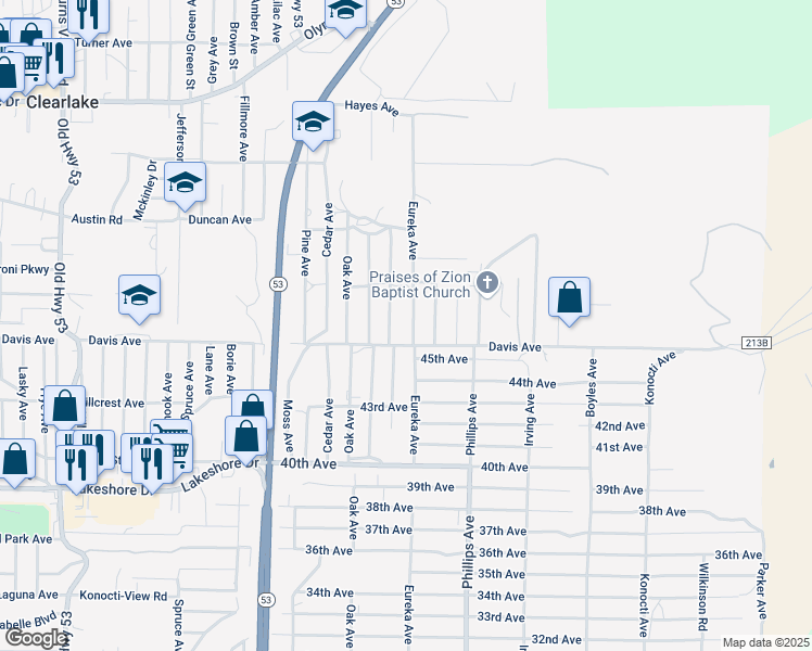 map of restaurants, bars, coffee shops, grocery stores, and more near 3975 Eureka Avenue in Clearlake