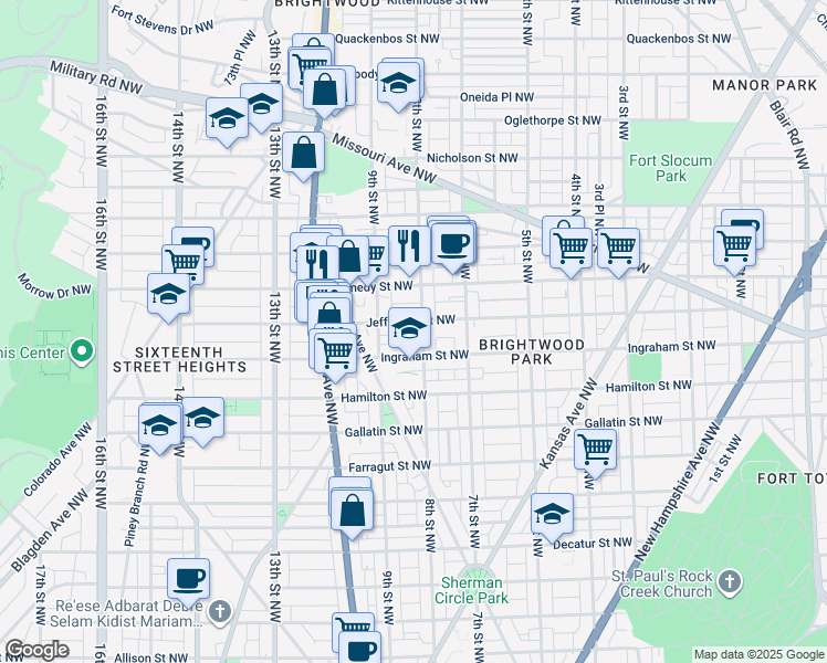 map of restaurants, bars, coffee shops, grocery stores, and more near 5320 8th Street Northwest in Washington