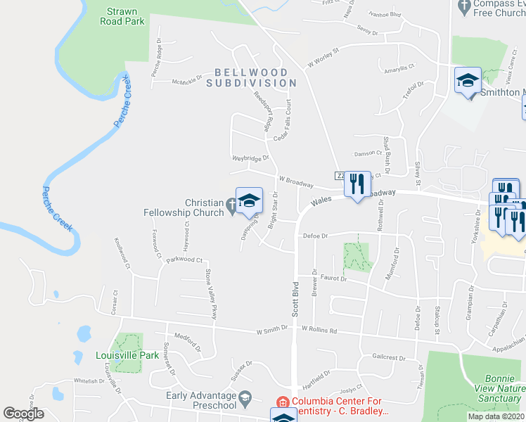 map of restaurants, bars, coffee shops, grocery stores, and more near 108 Dayspring Drive in Columbia