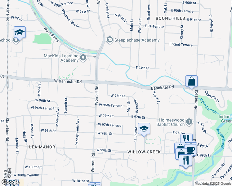 map of restaurants, bars, coffee shops, grocery stores, and more near 106 West 96th Street in Kansas City
