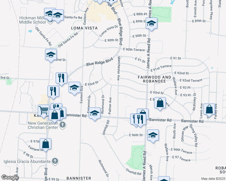 map of restaurants, bars, coffee shops, grocery stores, and more near 9307 Palmer Ave in Kansas City