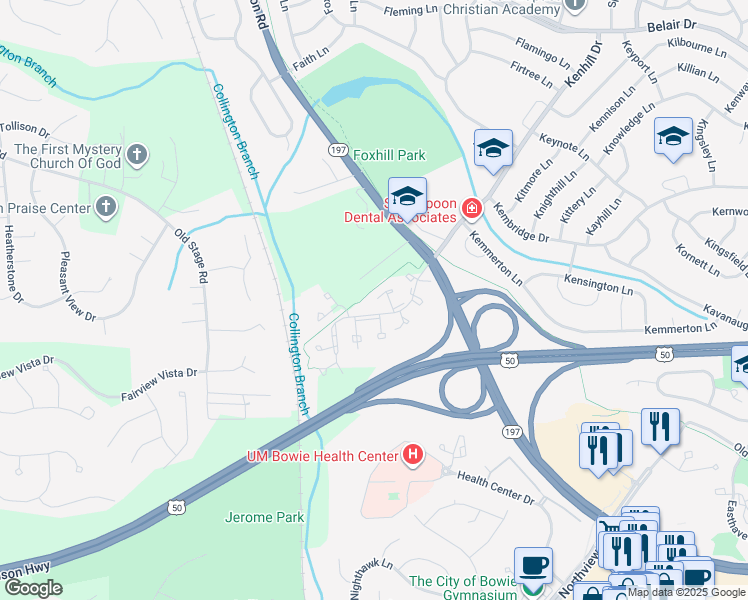 map of restaurants, bars, coffee shops, grocery stores, and more near 14810 London Ln in Bowie