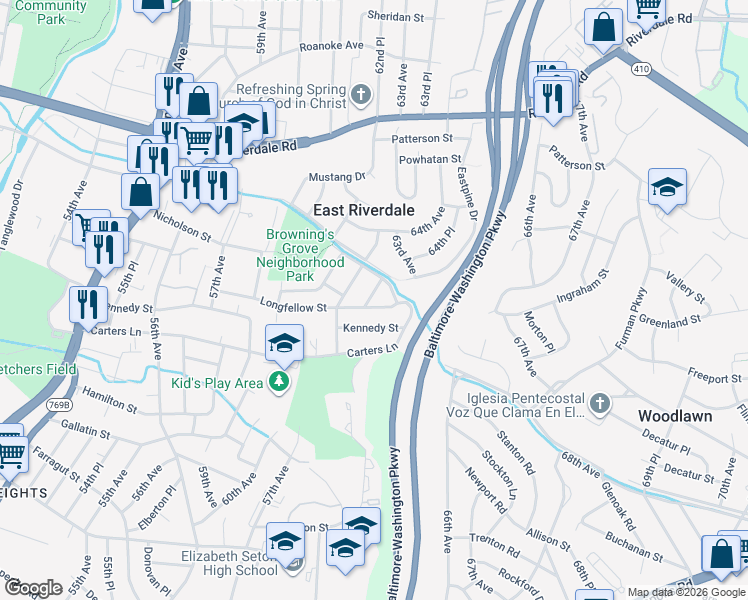 map of restaurants, bars, coffee shops, grocery stores, and more near 5505 63rd Avenue in East Riverdale