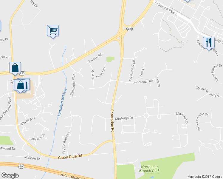 map of restaurants, bars, coffee shops, grocery stores, and more near 4803 Lisborough Terrace in Bowie