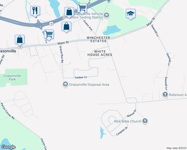 map of restaurants, bars, coffee shops, grocery stores, and more near 261 Timber Lane in Grasonville