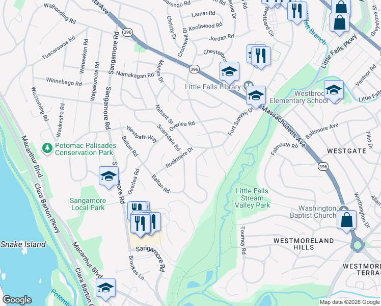 map of restaurants, bars, coffee shops, grocery stores, and more near 5706 Rockmere Drive in Bethesda