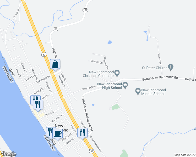 map of restaurants, bars, coffee shops, grocery stores, and more near 201 Lights Pointe Court in New Richmond