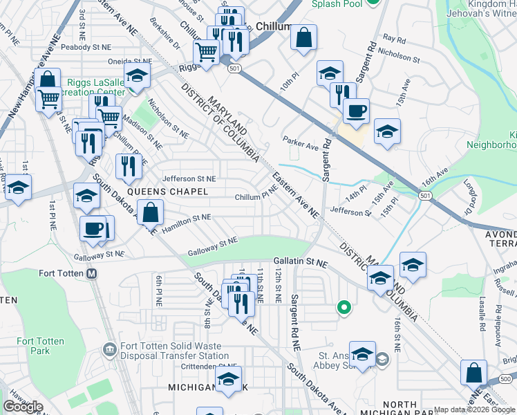 map of restaurants, bars, coffee shops, grocery stores, and more near 5212 11th Street Northeast in Washington